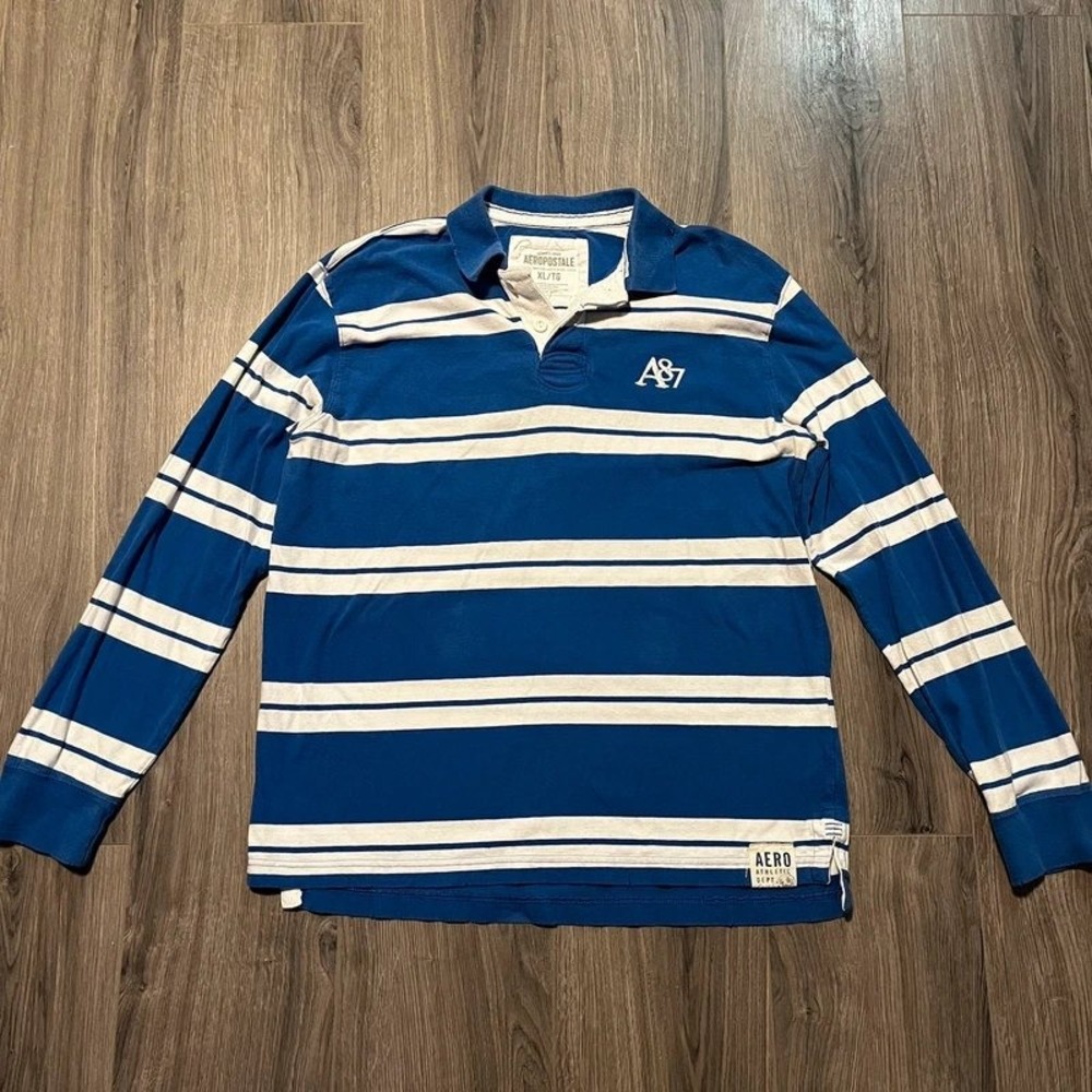 Aeropostale Blue & White Striped Collared Long Sleeve Shirt